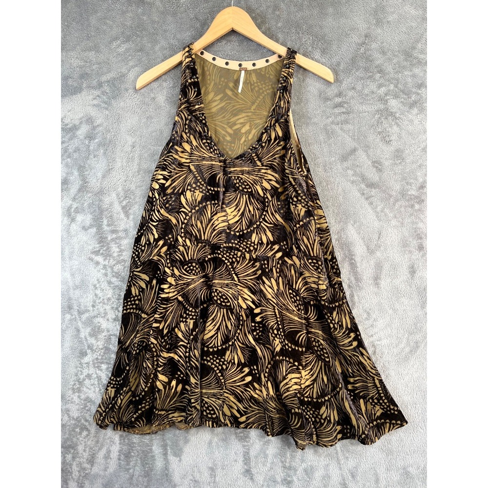 Free People Ellie Burnout Velvet Mini Dress Small Black Brown Boho - Picture 2 of 11